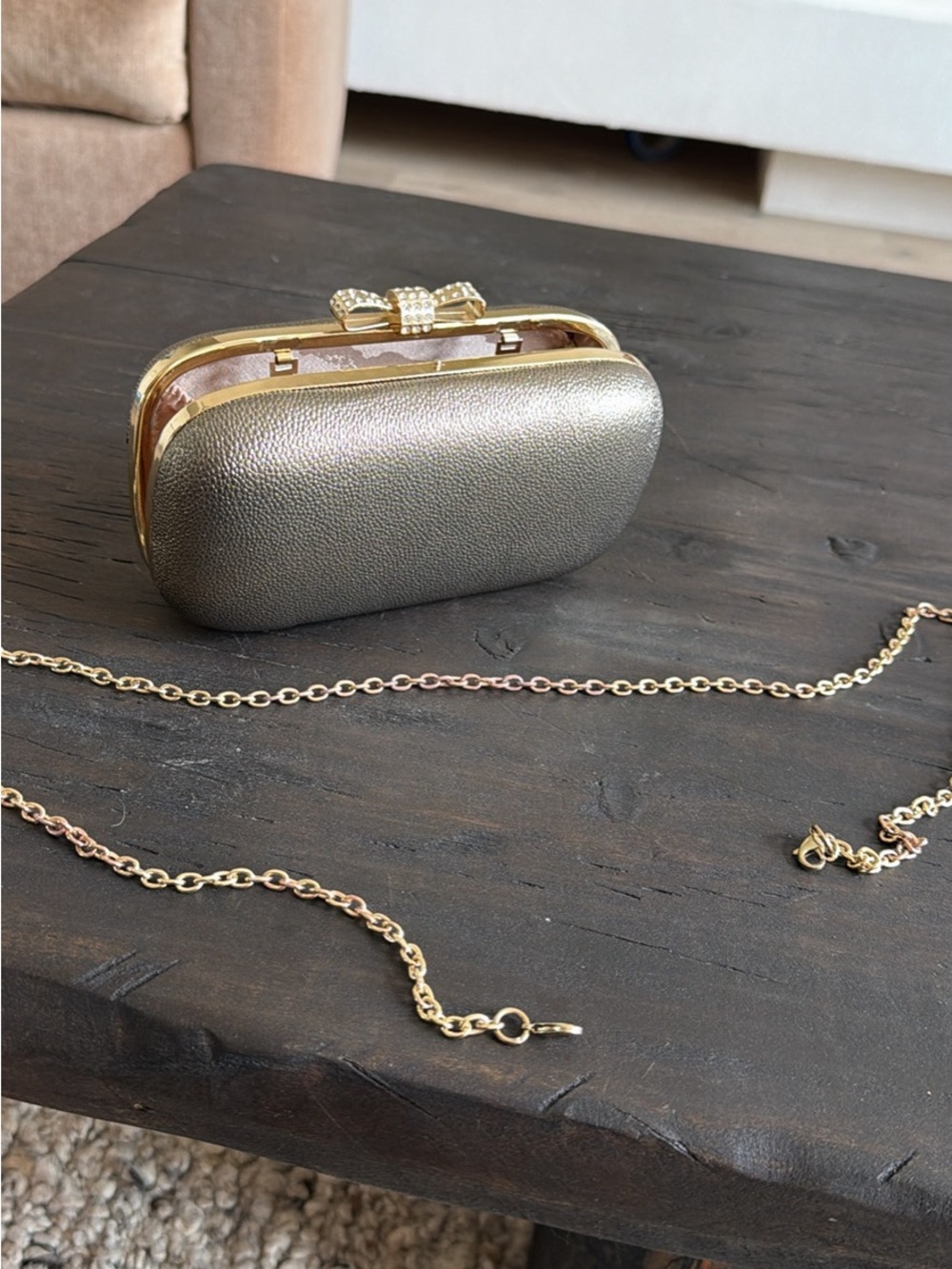 INC International Concepts Metallic Gold Clutch with Jeweled Bow Accent